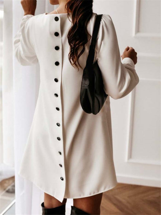 Long Sleeve Round Neck Metal Button Dress