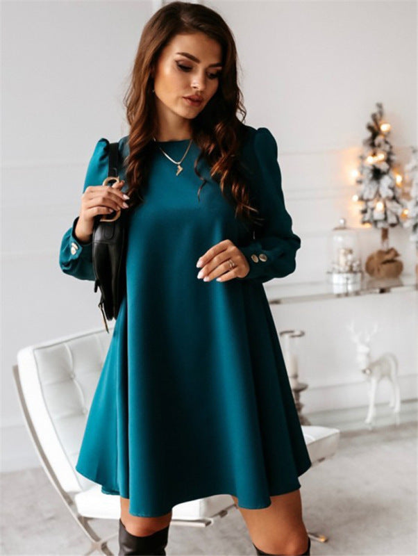 Long Sleeve Round Neck Metal Button Dress