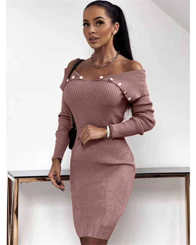 Button waist long-sleeved knit wrap hip dress