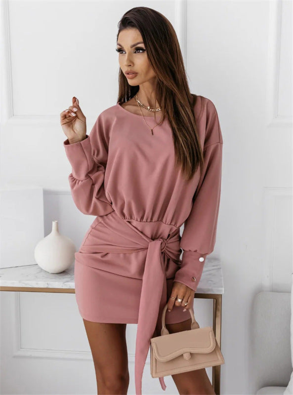 Long-sleeve wrap-butt slim tie round neck dress