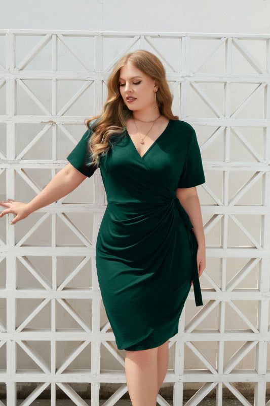 Plus Size Casual Holiday Tie V-Neck Midi Dress