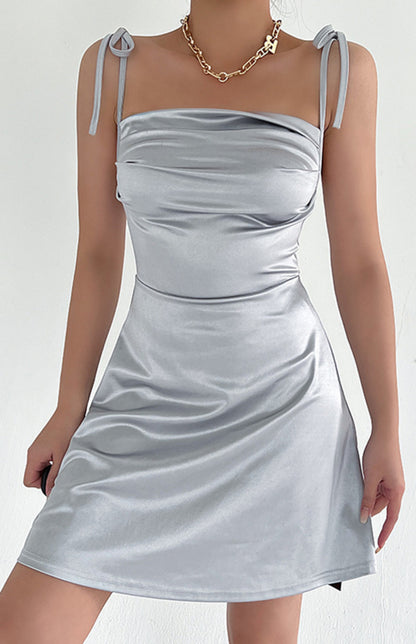 Ladies Satin Solid Color Sexy Pleated One-shoulder Strap Dress