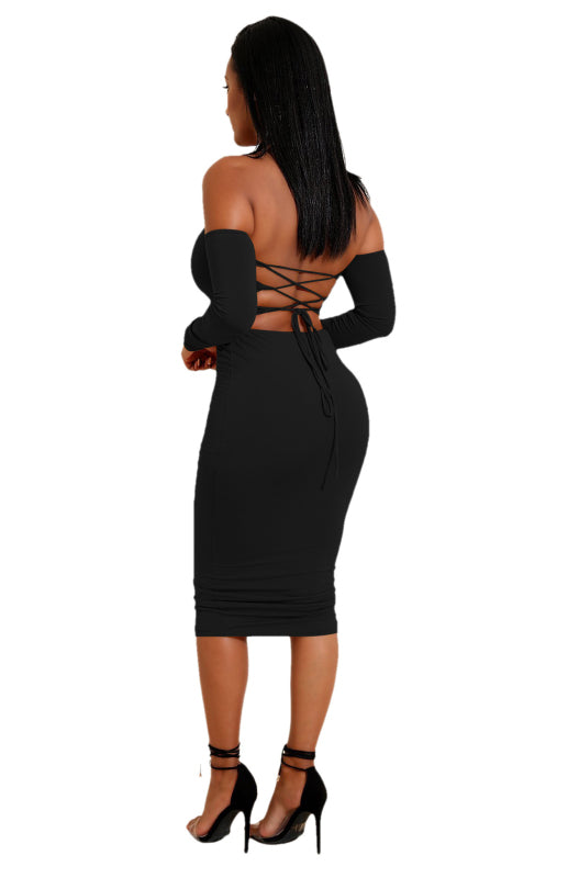 Sexy Backless Tie-Up Neck Pencil Skirt Two Piece Set