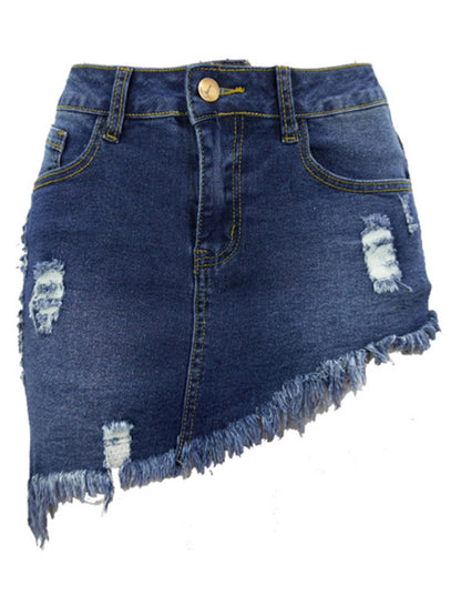 Women's ripped irregular frayed denim skirt