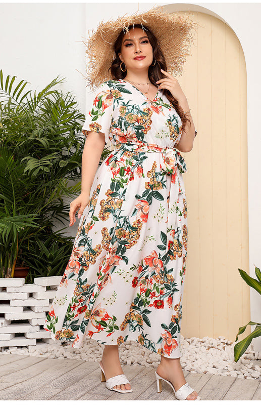 Women's V-Neck Short Sleeve Printed Long Dress