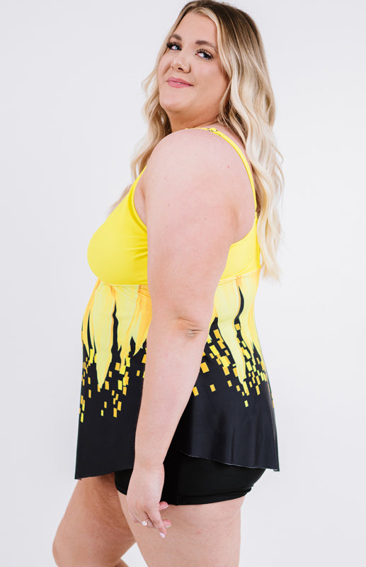 Yellow Sunflower Print Ring Detail Swimdress and Shorts Plus Size Tankini