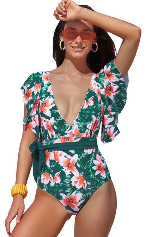 Women's Deep V Print One Piece Swimsuit