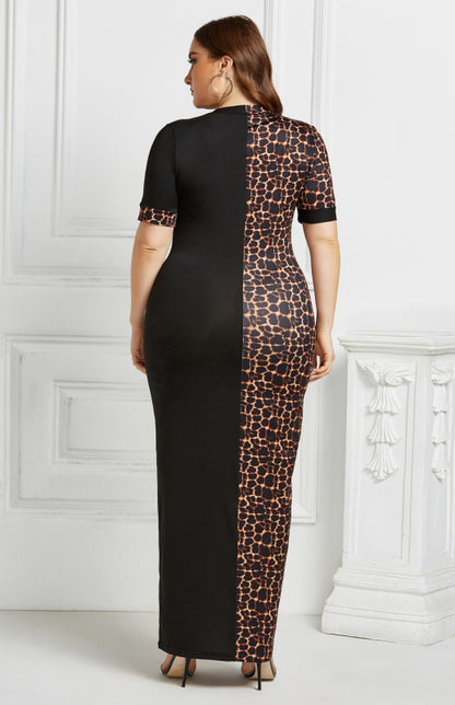 Women's Leopard Print Colorblock Long Plus Size Dress