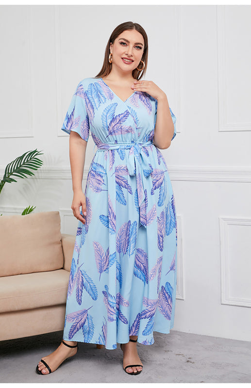 Women's V-Neck Short Sleeve Printed Long Dress