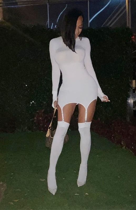 Sexy See-Through Long-Sleeved High-Neck Slim-Fit Hip Dress