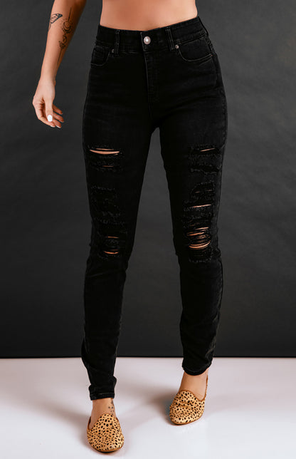 Black Distressed Ripped Slim High Waist Jeans