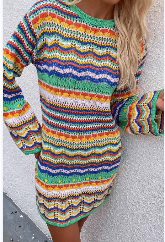 Women'S Rainbow Stripe Pullover Medium Length Sweater