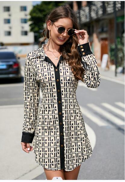 Women's fashion letter print lapel single-breasted dress