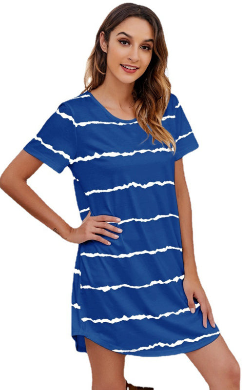 Women's Round Neck Short Sleeve Striped Loose Nightdresses & Nightshirts