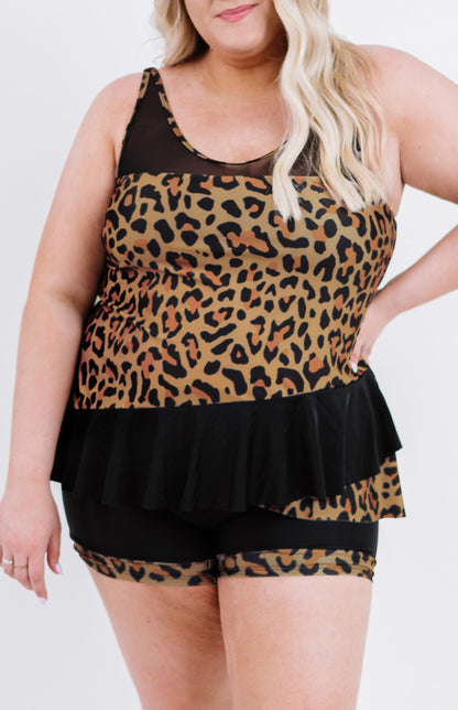 Leopard Splicing Ruffle Plus Size Tankini