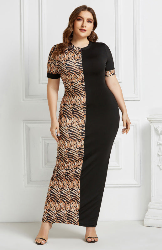 Women's Leopard Print Colorblock Long Plus Size Dress