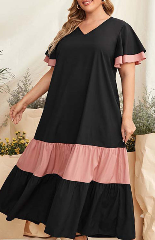 Women's Plus Size V Neck Colorblock Dress