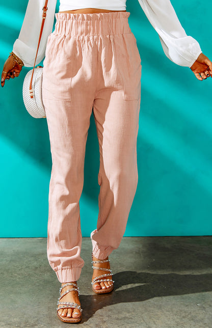 Pink Ruffled Elastic Waistband High Waist Pants