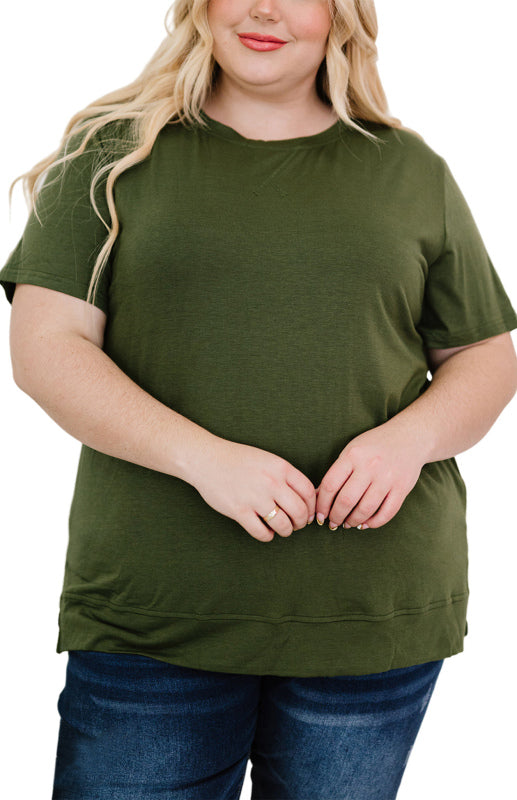 Green Solid Color Round Neck Plus Size T-shirt