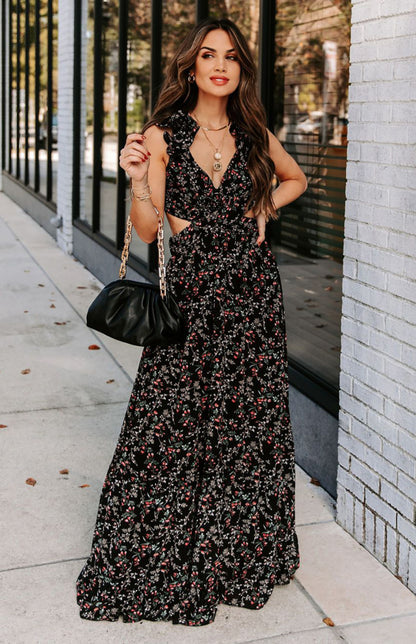 Women's Black Ruffle Cutout Crossover Long Floral Dress