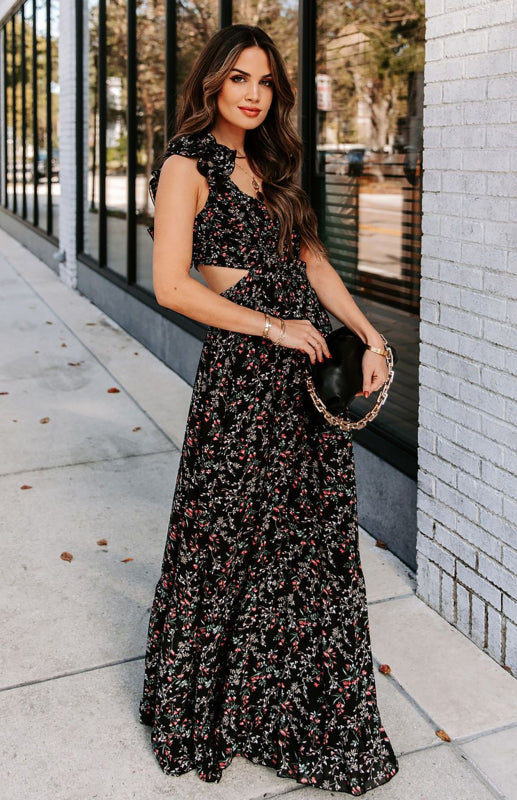 Women's Black Ruffle Cutout Crossover Long Floral Dress