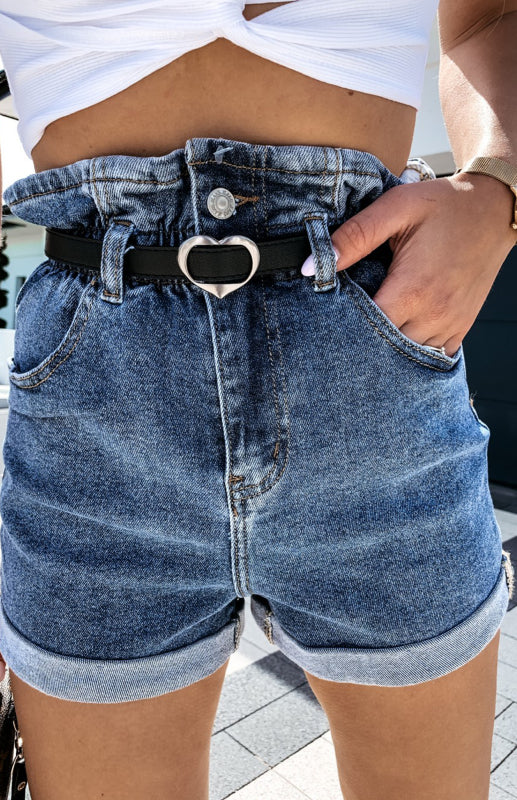 Women's High Waist Curled Elastic Waist Hip Raise Jeans Shorts