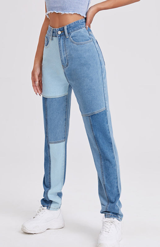 Women's High Waist Colorblock Design Straight Leg Jeans