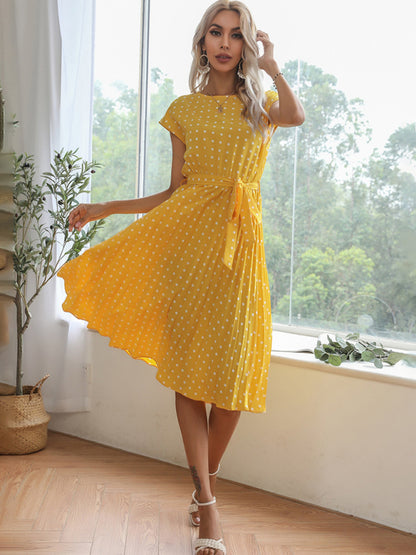 European and American mid-length skirt short-sleeved lace polka dot pleated dress