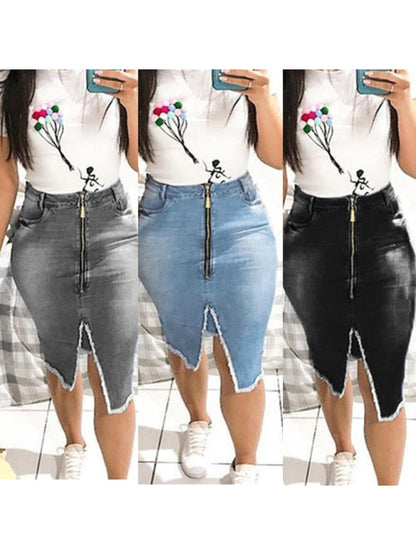 Women's Washed Slim Fit Tassel Denim Mid Skirt