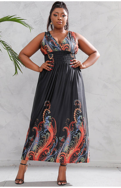 Women's Printed Deep V Sleeveless Long Dress