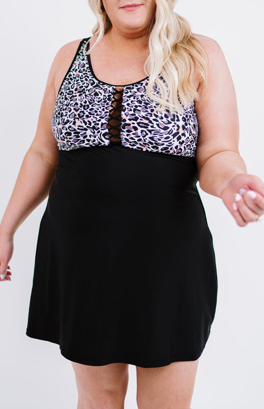 Leopard Splicing Cut Out Sleeveless Plus Size Tankini Swimsuit