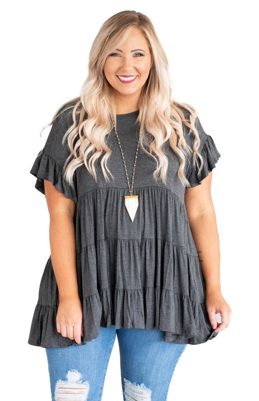 Gray Tiered Ruffled Short Sleeve Plus Size Blouse