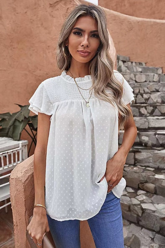 Women's Polka Jacquard Chiffon Loose Round Neck Head Short Sleeve Shirt