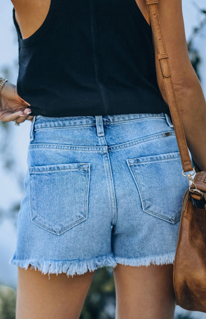 Women's Ripped Fringe Foot Washed Denim Shorts