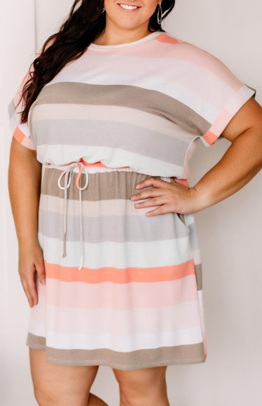 Striped Print Drawstring Short Sleeve Plus Size Dress