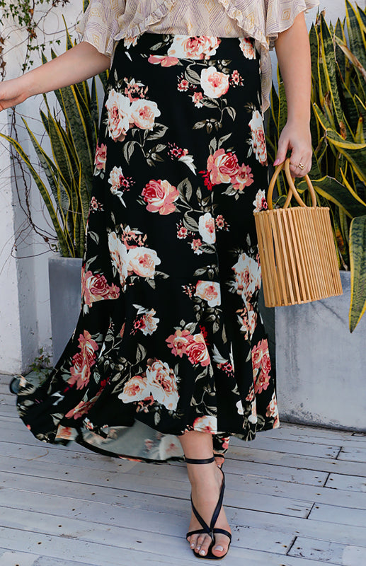 Women's Black Floral Ruffle Long Skirt