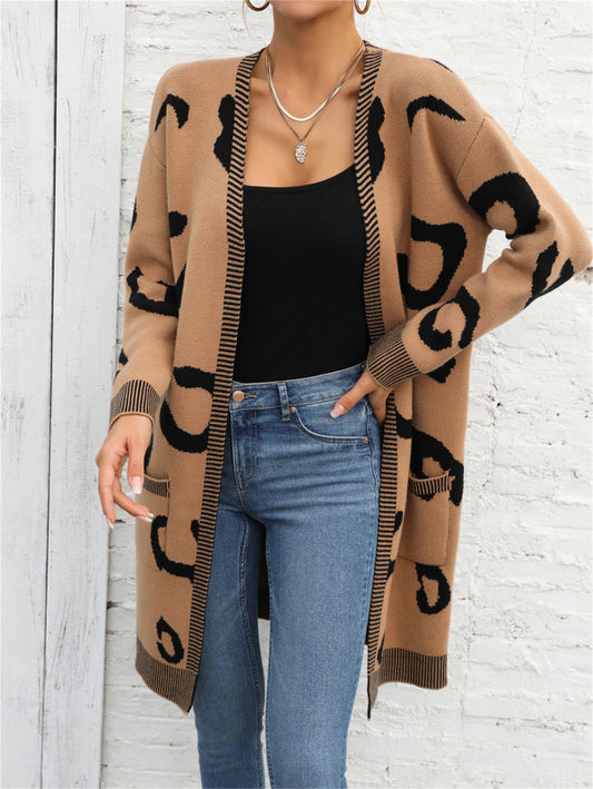 New long-sleeved leopard print sweater mid-length cardigan fashion sweater jacket