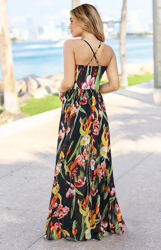 Sexy Deep V Backless High Waist Floral Print Maxi Dress