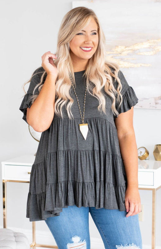 Gray Tiered Ruffled Short Sleeve Plus Size Blouse