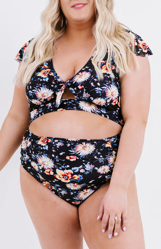 Plus Size Flutter Cap Sleeve Floral High Waist Bikini