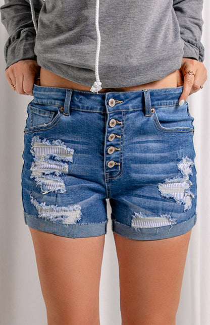 Blue Distressed Patchwork Button Fly Denim Shorts