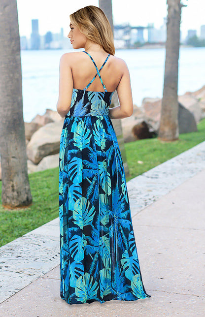 Sexy Deep V Backless High Waist Floral Print Maxi Dress