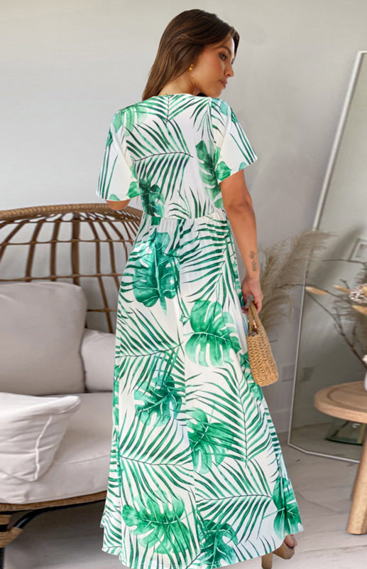 Women's Fashion Slim Print Dress Long Short Sleeve Slit Dress