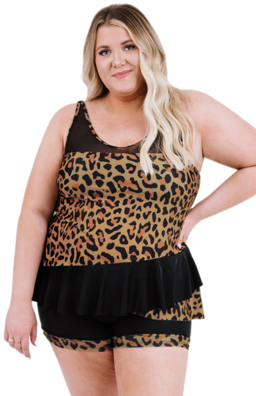 Leopard Splicing Ruffle Plus Size Tankini