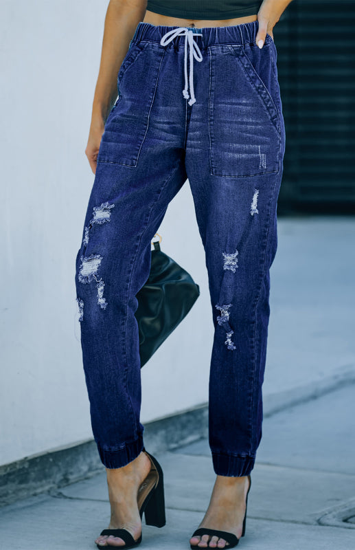 Relaxed fit Distressed Drawstring Pocketed Joggers Ripped Jeans