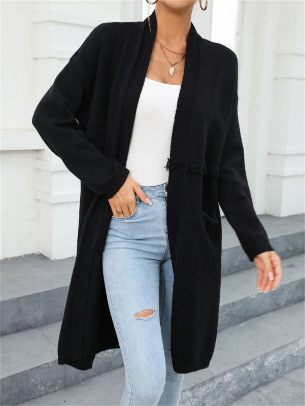 New long-sleeved long cardigan pocket temperament tassel coat sweater