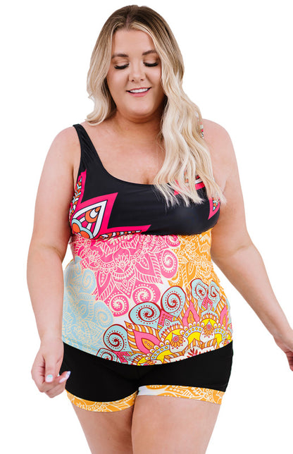 Multicolor Plus Size Tribal Print Patchwork Flared Tankini Set