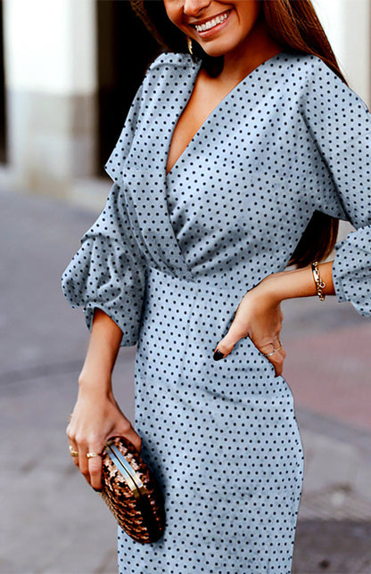 V-neck Polka-dot Print Pleated Mid-sleeve Fashion Dress