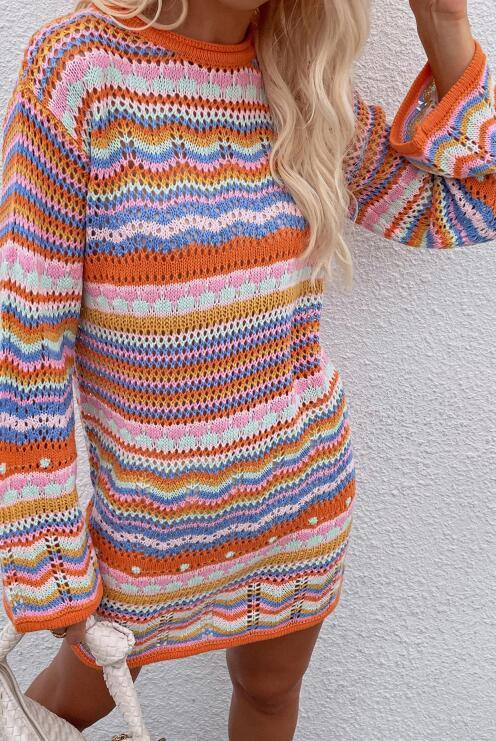 Women'S Rainbow Stripe Pullover Medium Length Sweater