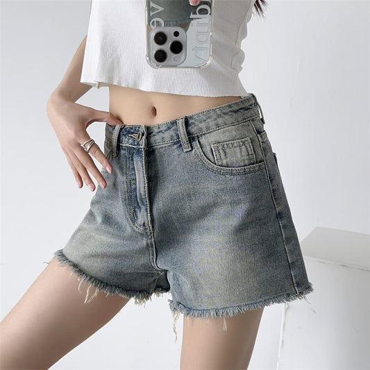 New style raw edge distressed denim street three-quarter pants high waist straight-leg pants